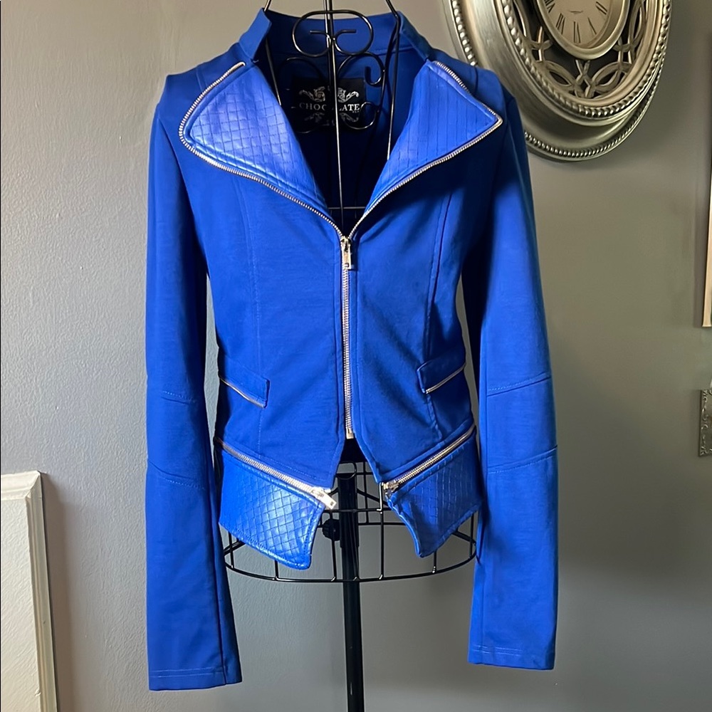 Cute Vintage Biker Retro Bold Blue Blazer with High Collar Slim Fit Faux Leather